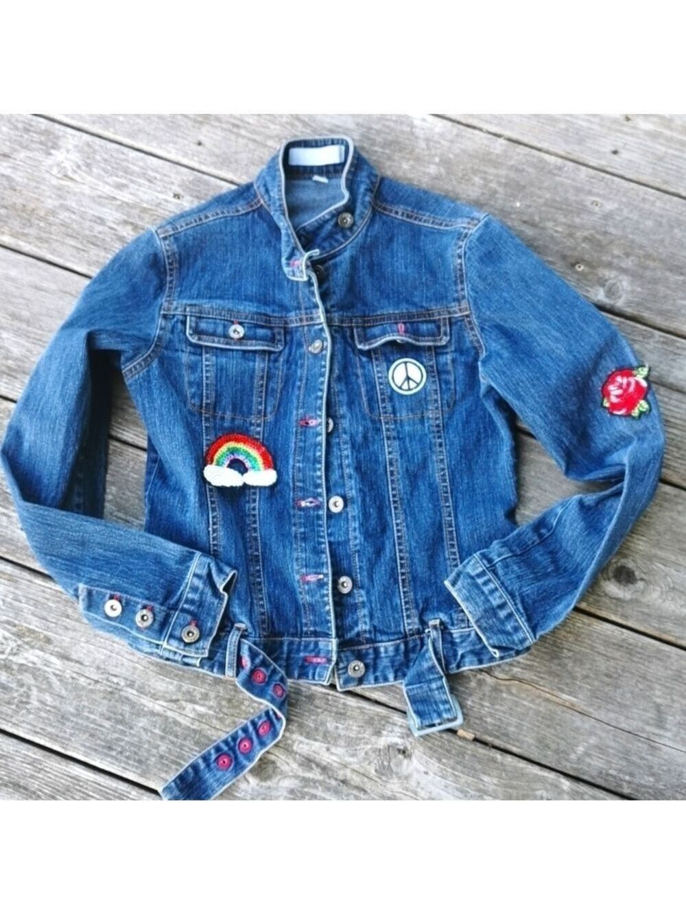 Jacob Jr. Girls jean jacket with peace and rainbow patches . Size large. EUC